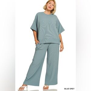 Zenana Blue Grey Plus Ribbed Round Neck Tee & Pants Set